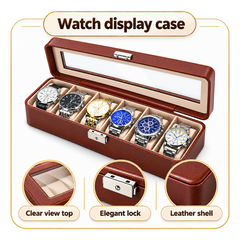 Premium 6 Slot PU Leather Watch Organizer – Glass Lid & Lock Display Storage Case
