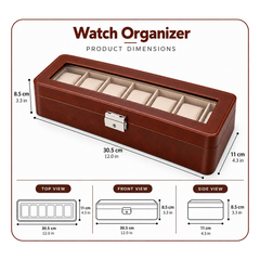 Premium 6 Slot PU Leather Watch Organizer – Glass Lid & Lock Display Storage Case
