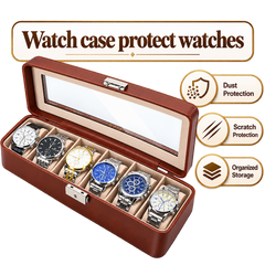 Premium 6 Slot PU Leather Watch Organizer – Glass Lid & Lock Display Storage Case