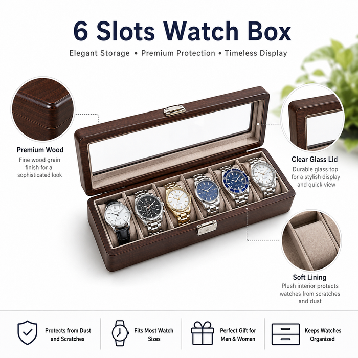 6-Slot Walnut PU Leather Watch Box/Case, Glass Lid, Removable Pillows