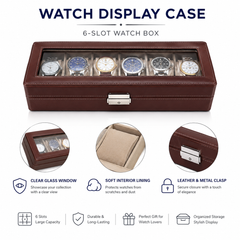 6-Slot Walnut PU Leather Watch Box/Case, Glass Lid, Removable Pillows