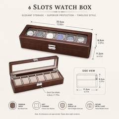 6-Slot Walnut PU Leather Watch Box/Case, Glass Lid, Removable Pillows