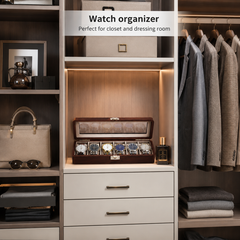 6-Slot Walnut PU Leather Watch Box/Case, Glass Lid, Removable Pillows