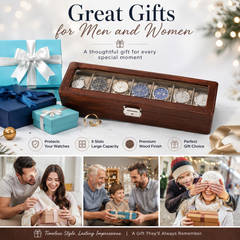 6-Slot Walnut PU Leather Watch Box/Case, Glass Lid, Removable Pillows