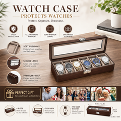 6-Slot Walnut PU Leather Watch Box/Case, Glass Lid, Removable Pillows