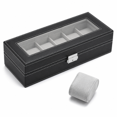 6-Slot Watch Box/Case US Black Leather Glass Lid