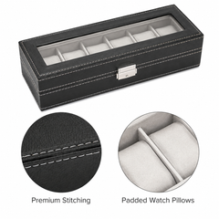6-Slot Watch Box/Case US Black Leather Glass Lid