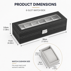6-Slot Watch Box/Case US Black Leather Glass Lid