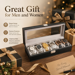 6-Slot Watch Box/Case US Black Leather Glass Lid