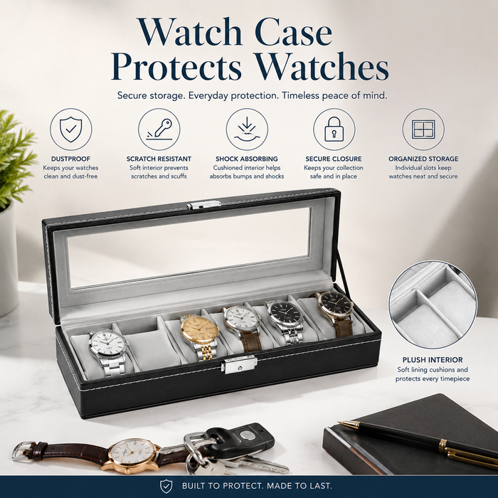 6-Slot Watch Box/Case US Black Leather Glass Lid