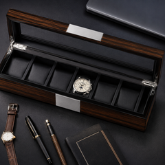6-Slot Watch Box/Case US Ebony Wood Glass Lid