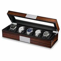 6-Slot Watch Box/Case US Ebony Wood Glass Lid