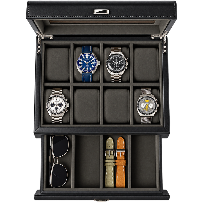 Premium 8 Slot Watch Case with Storage Drawer – Real Glass Display & Extra Wide Pillows
