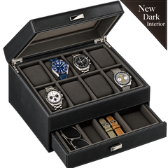 Premium 8 Slot Watch Case with Storage Drawer – Real Glass Display & Extra Wide Pillows