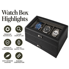 Premium 8 Slot Watch Case with Storage Drawer – Real Glass Display & Extra Wide Pillows