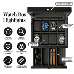 Premium 8 Slot Watch Case with Storage Drawer – Real Glass Display & Extra Wide Pillows