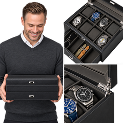 Premium 8 Slot Watch Case with Storage Drawer – Real Glass Display & Extra Wide Pillows
