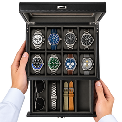 Premium 8 Slot Watch Case with Storage Drawer – Real Glass Display & Extra Wide Pillows