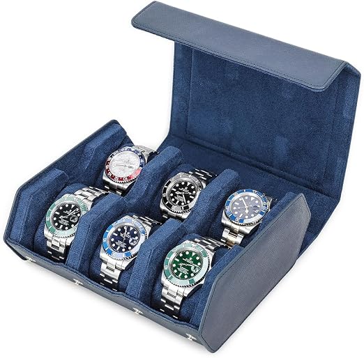 6-Slot Watch Box US Blue Leather Travel Case