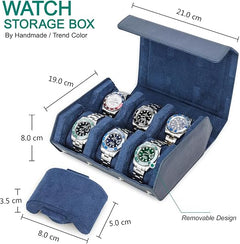 6-Slot Watch Box US Blue Leather Travel Case