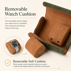 Premium Leather Watch Travel Case 2 Slots – Green Portable Watch Roll for Storage & Display
