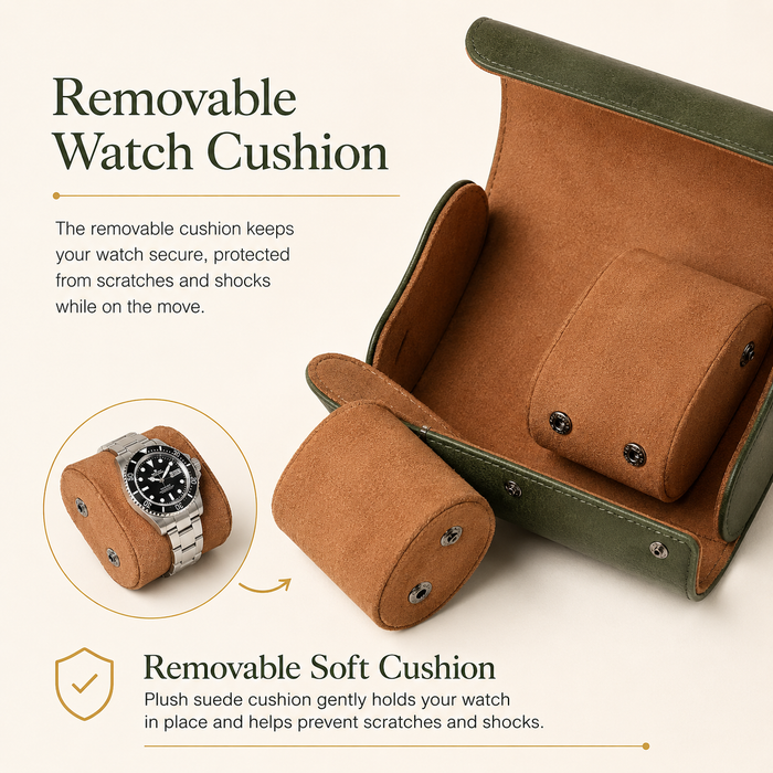 Premium Leather Watch Travel Case 2 Slots – Green Portable Watch Roll for Storage & Display