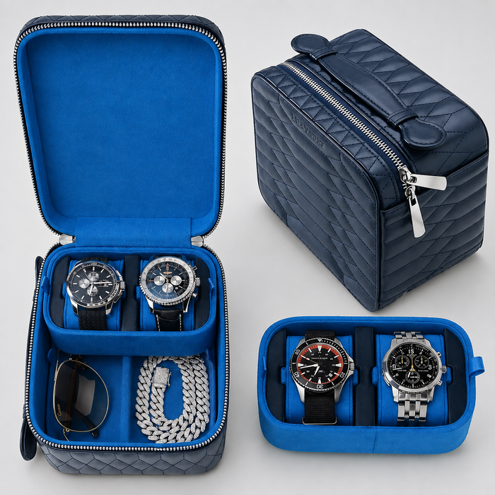 4-Slot Watch Box US Blue Quilted Leather Travel Case
