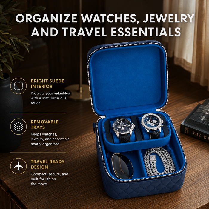 4-Slot Watch Box US Blue Quilted Leather Travel Case