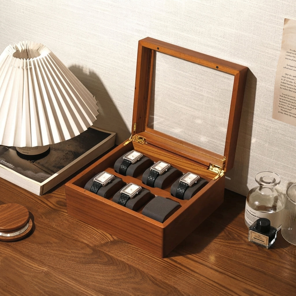 6-Slot Wood Watch Box, Glass Lid, Multi-Grid Watch & Bracelet Organizer