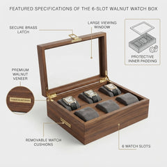 6-Slot Wood Watch Box, Glass Lid, Multi-Grid Watch & Bracelet Organizer
