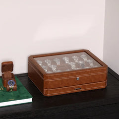18-Slot Watch Box US Brown Leather Glass Lid Drawer