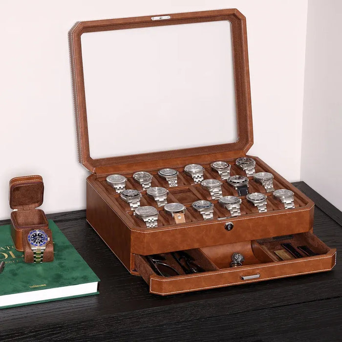 18-Slot Watch Box US Brown Leather Glass Lid Drawer