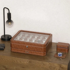 18-Slot Watch Box US Brown Leather Glass Lid Drawer