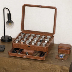 18-Slot Watch Box US Brown Leather Glass Lid Drawer