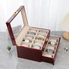 16-Slot Watch Box US Mahogany Wood Glass Lid