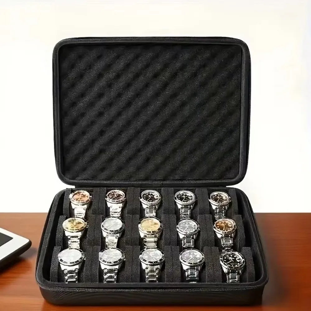 15-Slot Watch Box US Black Hard-Shell Travel Case
