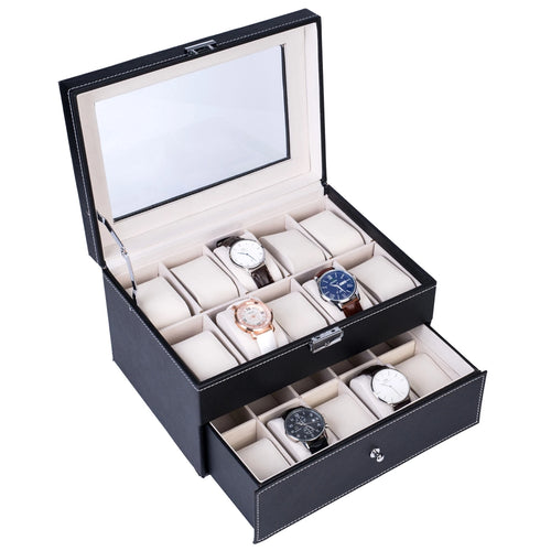 12-Slot Black Leather Watch Box, Glass Lid, Two-Tier with Locking Drawer