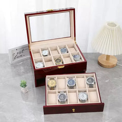 16-Slot Watch Box US Mahogany Wood Glass Lid