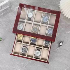 16-Slot Watch Box US Mahogany Wood Glass Lid