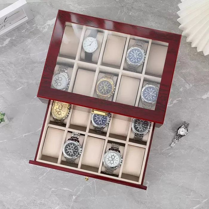 16-Slot Watch Box US Mahogany Wood Glass Lid