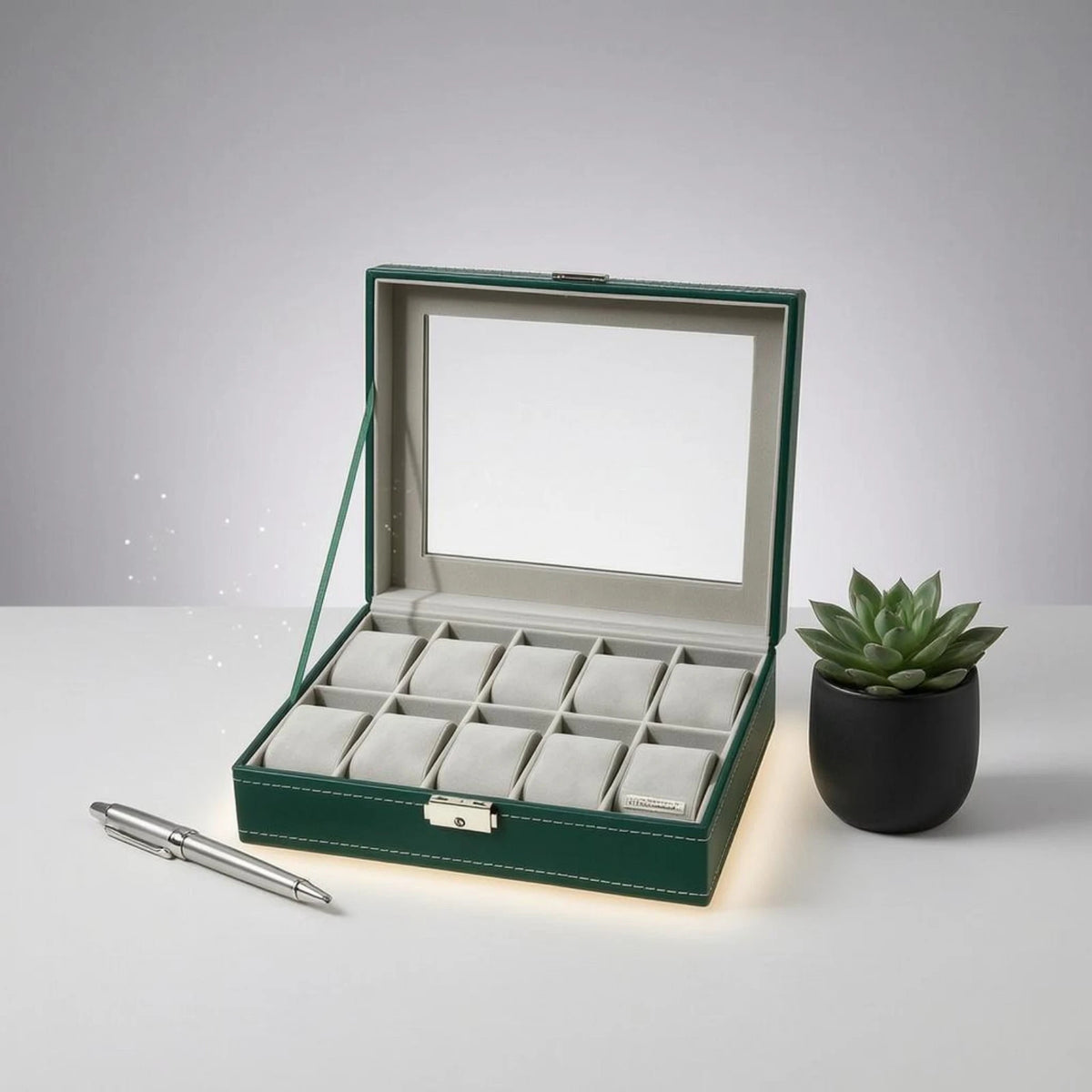 10-Slot Watch Box US Emerald Green Leather Glass Lid