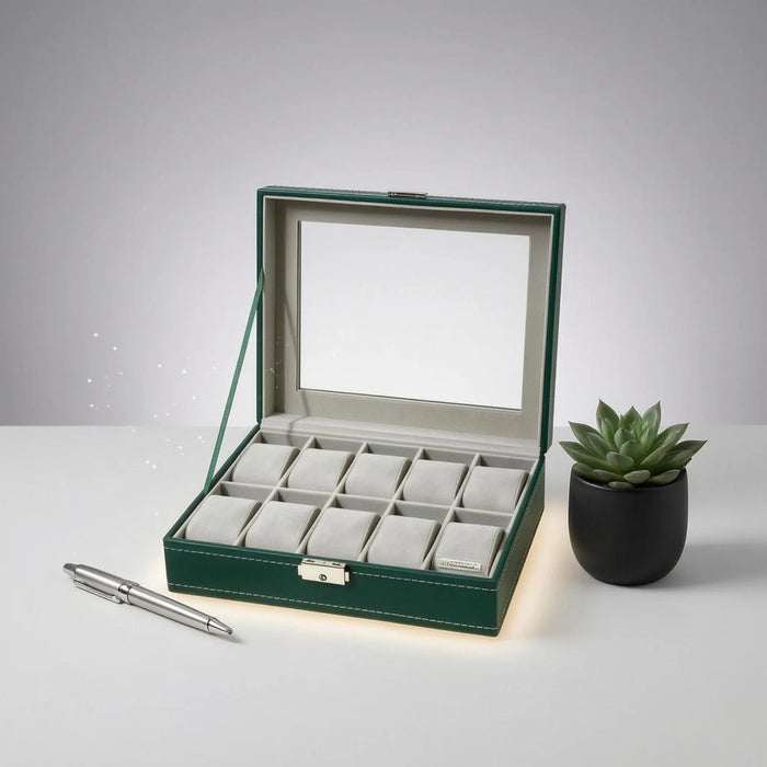 10-Slot Watch Box US Emerald Green Leather Glass Lid