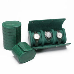 Watch Roll Travel Case - Multi-Slot Green Leather Timepiece Organizer
