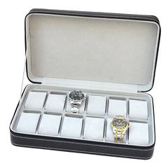 6-Slot Watch Box US Black Leather Zippered Case