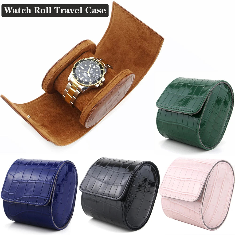 Watch Roll Travel Case - Crocodile Pattern Leather Timepiece Organizer
