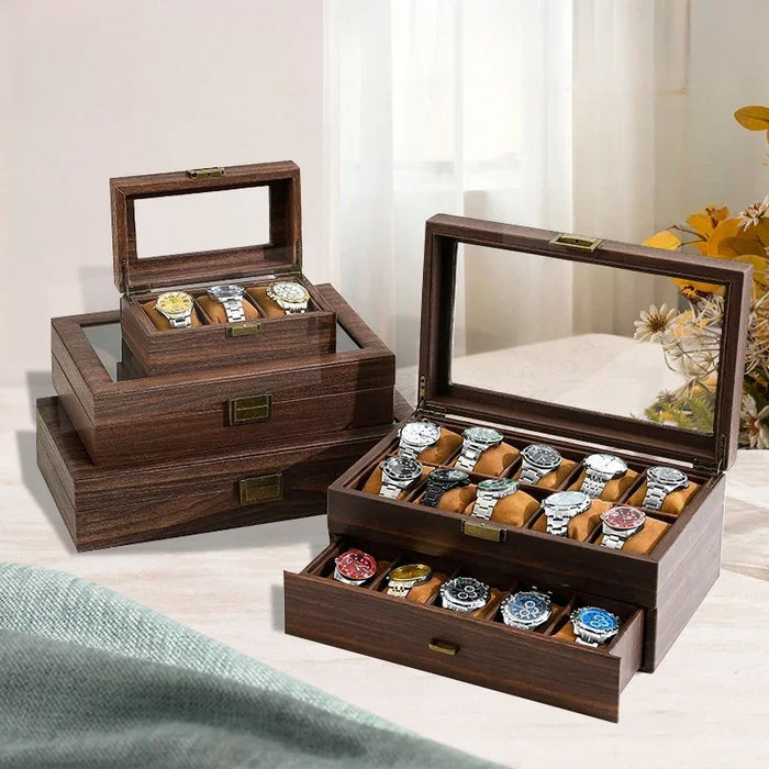 Multi-Slot Rustic Wood Watch Box, Glass Lid, Retro Aged Finish