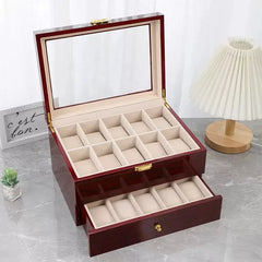 16-Slot Watch Box US Mahogany Wood Glass Lid