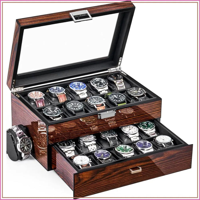 18-Slot Watch Box US Ebony Wood Glass Lid