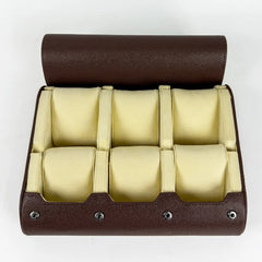 6 Slot Watch Roll - Brown Leather Timepiece Travel Organizer