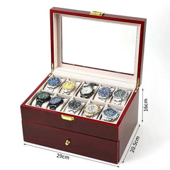 16-Slot Watch Box US Mahogany Wood Glass Lid